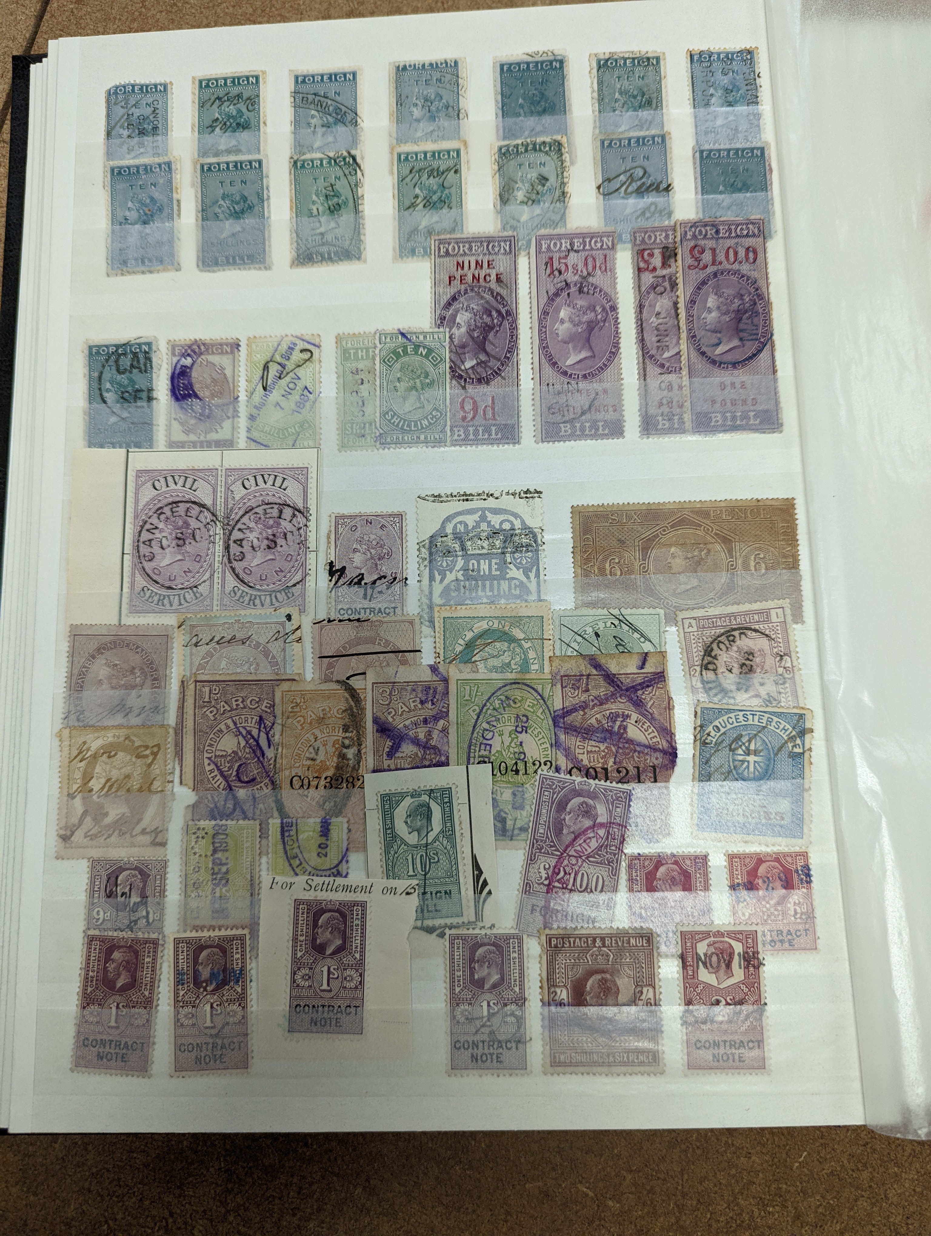 Great Britain stamps in stock book with 1840 1d black and 1841 2d blue unused. 1841 1d red brown mint block of 8, 1864-79 1d red plates in mint blocks including plate 79 block of 48, plate 170 block of 6 with marginal in